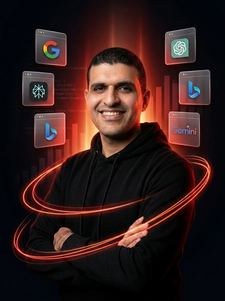 مصطفى عبدالعظيم يبتسم، أخصائي SEO ومطور مواقع، محاط بمنصات البحث والذكاء الاصطناعي